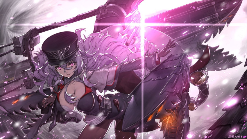 1girl artist_name azur_lane black_gloves black_hat blush breasts cleavage eyebrows_visible_through_hair gloves graf_zeppelin_(azur_lane) grey_hair hat iron_cross large_breasts long_hair long_sleeves looking_at_viewer parted_lips smile solo tansan_daisuki violet_eyes