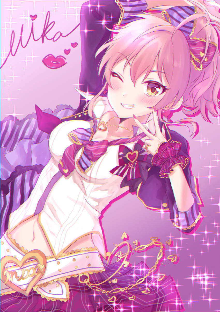 1girl :d anoa arm_up belt blonde_hair blush bow bowtie breasts character_name cleavage cropped_jacket eyebrows_visible_through_hair gradient gradient_background grin hair_bow heart highres idolmaster idolmaster_cinderella_girls jacket jewelry jougasaki_mika lips long_hair long_sleeves looking_at_viewer medium_breasts multicolored_bow multicolored_neckwear nail_polish navel open_clothes open_jacket open_mouth pendant pink_background pink_hair pink_nails pink_skirt pinky_ring plaid plaid_skirt ponytail purple_jacket ring shirt skirt sleeves_past_elbows smile solo sparkle striped striped_bow teeth upper_body w white_shirt wrist_cuffs