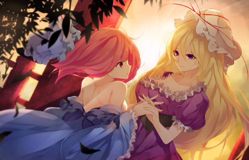 2girls blonde_hair blue_dress breasts chiroru_(cheese-roll) collarbone commentary_request dress dutch_angle eye_contact frills from_behind hair_between_eyes hat hat_ribbon highres interlocked_fingers large_breasts long_hair long_sleeves looking_at_another medium_breasts mob_cap multiple_girls off_shoulder parted_lips pink_eyes pink_hair plant profile puffy_short_sleeves puffy_sleeves purple_dress red_ribbon ribbon saigyouji_yuyuko short_hair short_sleeves smile sun touhou triangular_headpiece very_long_hair violet_eyes wide_sleeves yakumo_yukari yuri
