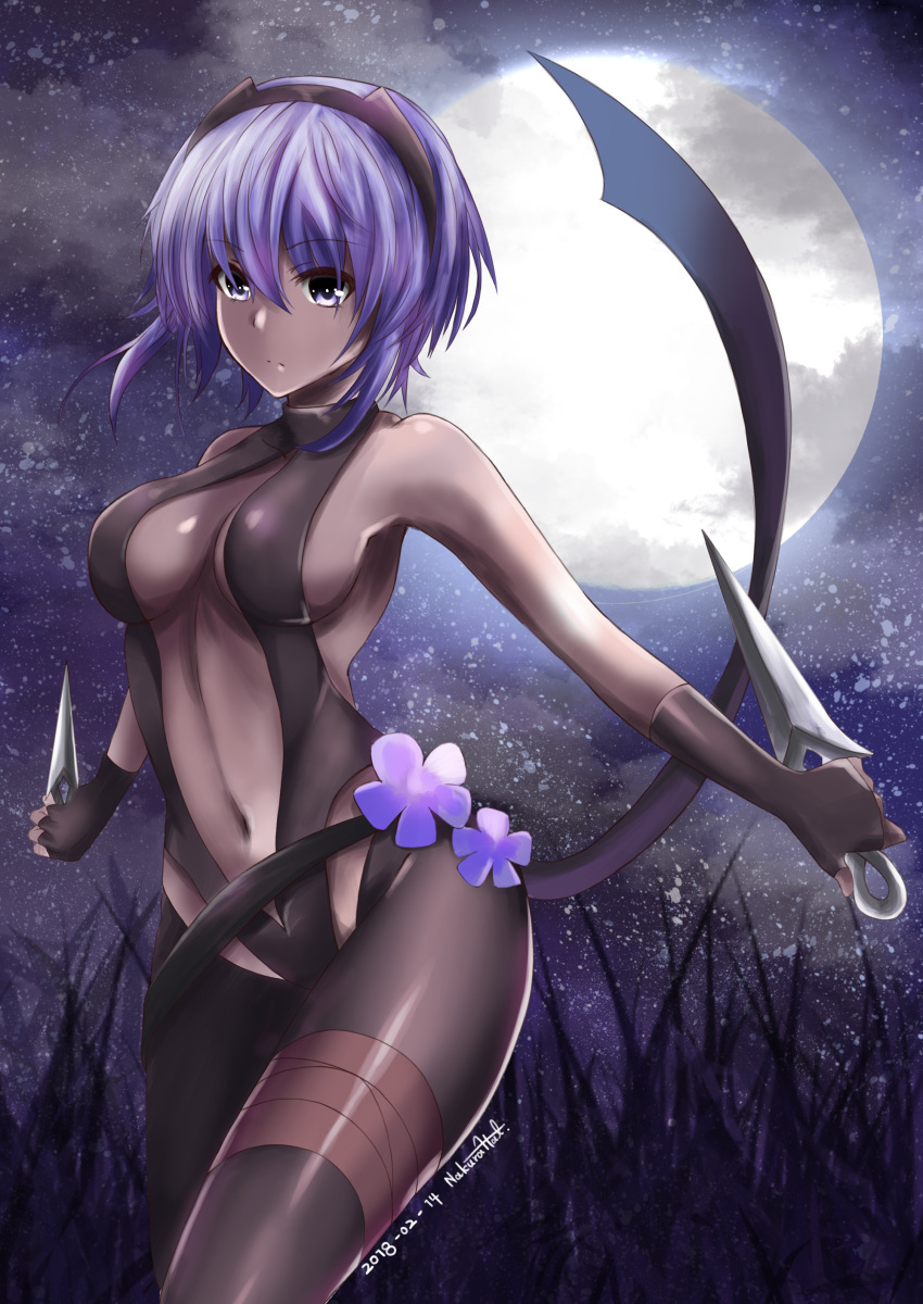 1girl absurdres assassin_(fate/prototype_fragments) backless_outfit bare_back bare_shoulders black_gloves black_hairband center_opening dagger dark_skin dual_wielding fate/grand_order fate/prototype fate/prototype:_fragments_of_blue_and_silver fate_(series) fingerless_gloves gloves hairband hal_nakura hassan_of_serenity_(fate) highres holding looking_at_viewer purple_hair reverse_grip short_hair solo violet_eyes weapon