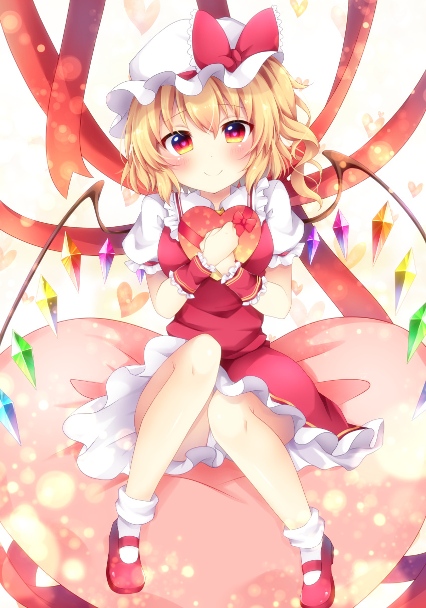 1girl blonde_hair blush commentary_request crystal dress flandre_scarlet full_body gift hair_between_eyes hat hat_ribbon heart heart-shaped_pupils heart_background heart_pillow highres holding holding_gift knees_together_feet_apart looking_at_viewer medium_hair miy@ mob_cap panties pantyshot pillow red_dress red_eyes red_ribbon ribbon ribbon-trimmed_dress side_ponytail sitting_on_pillow smile solo star star_print symbol-shaped_pupils touhou underwear valentine white_panties wings
