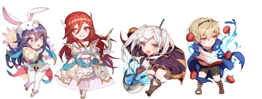 3girls absurdres animal_ears arrow bikini blonde_hair blue_hair blush book bow_(weapon) bunnysuit cape chibi dress female_my_unit_(fire_emblem:_kakusei) fire_emblem fire_emblem:_kakusei fire_emblem_heroes fire_emblem_if gloves hair_ornament highres leon_(fire_emblem_if) leotard long_hair lucina multiple_girls my_unit_(fire_emblem:_kakusei) open_mouth polearm rabbit_ears red_eyes redhead silver_hair smile spear swimsuit thigh-highs cordelia_(fire_emblem) tiara tomato twintails veil very_long_hair weapon wedding_dress yellow_eyes zuizi