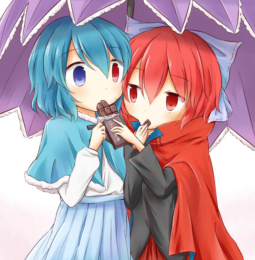 2girls black_shirt blue_eyes blue_hair blue_skirt bow cape capelet chocolate_bar feeding fur-trimmed_capelet hair_bow head_to_head heterochromia highres long_sleeves looking_at_another multiple_girls pleated_skirt puchimirin red_cape red_eyes red_skirt redhead sekibanki shirt short_hair simple_background skirt tatara_kogasa touhou umbrella untucked_shirt white_background white_shirt