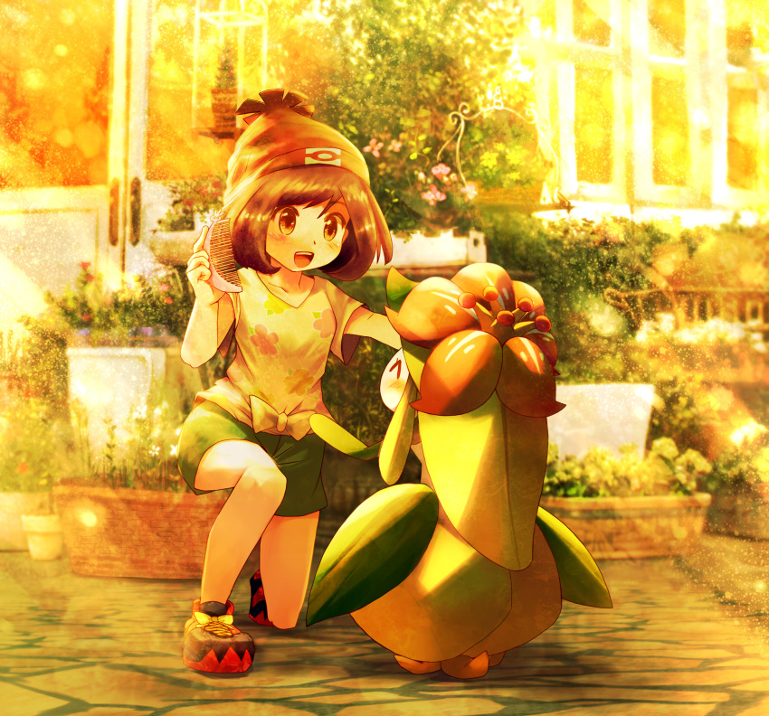 1girl :d ^_^ bangs beanie black_footwear brown_eyes brown_hair closed_eyes collarbone comb door evening floral_print flower full_body green_shorts hat highres holding holding_comb laces lilligant looking_at_another mizuki_(pokemon_sm) one_knee open_mouth outdoors pink_flower plant pokemon pokemon_(creature) pokemon_(game) pokemon_sm potted_plant red_hat ribero shiny shiny_hair shirt shoes short_hair short_sleeves shorts smile standing sunlight swept_bangs tied_shirt window yellow yellow_shirt