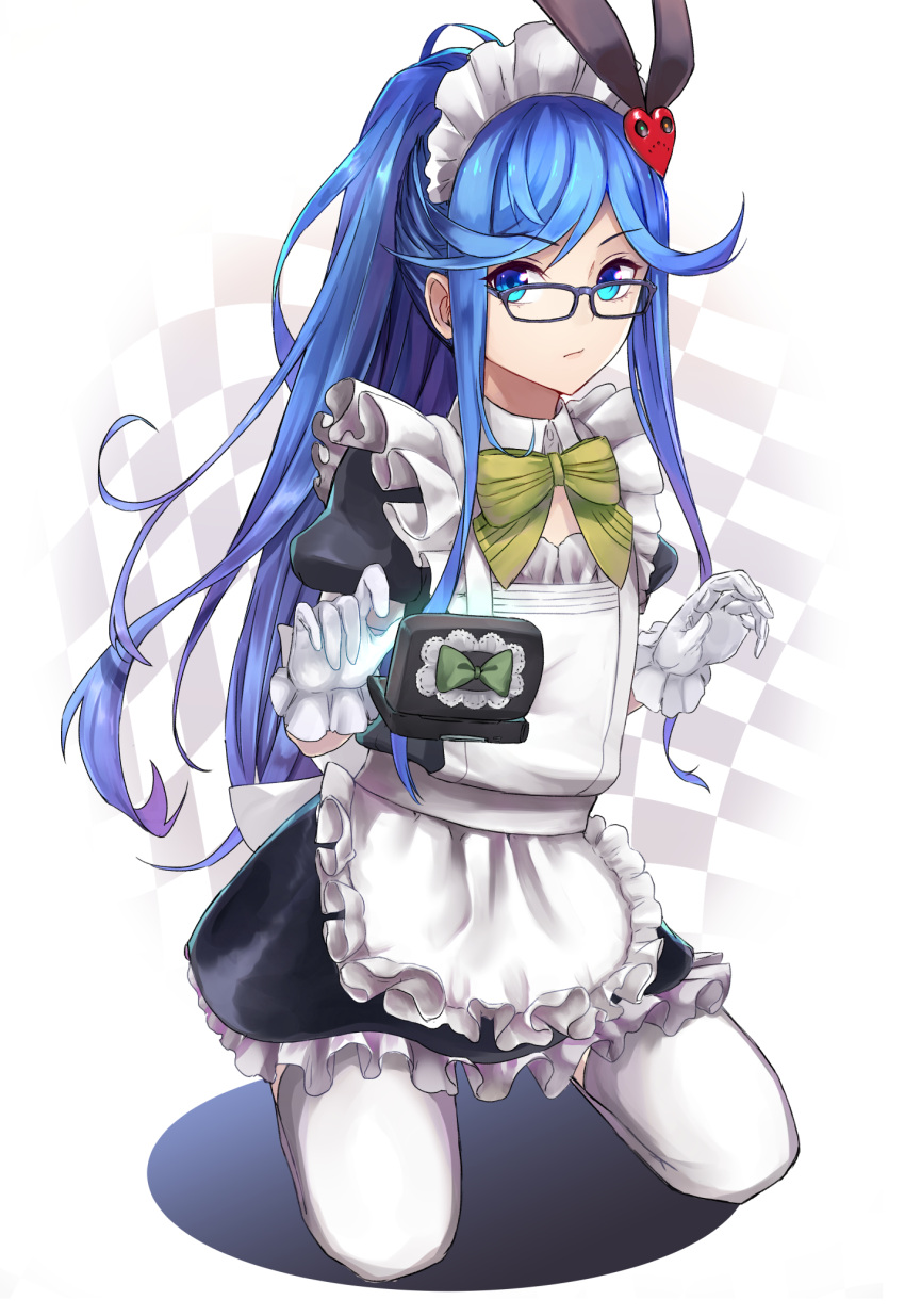 1girl apron black_dress blue-framed_eyewear blue_eyes blue_hair character_name checkered checkered_background destiny_child dress frilled_apron frilled_gloves frills glasses gloves highres kneeling long_hair maid maid_apron maid_headdress puffy_short_sleeves puffy_sleeves short_sleeves sidelocks solo thigh-highs very_long_hair white_apron white_gloves white_legwear yukihama