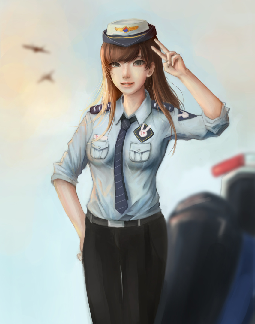 1girl absurdres alternate_costume animal_print belt bird black_pants blue_shirt blue_sky blurry blurry_background breasts brown_eyes brown_hair bunny_print clouds collared_shirt cowboy_shot d.va_(overwatch) day female_service_cap highres jjong long_hair looking_at_viewer mecha meka_(overwatch) necktie no_gloves nose officer_d.va outdoors overwatch pants parted_lips patch pink_lips pocket police police_uniform shirt silhouette sky sleeves_folded_up small_breasts smile solo striped_neckwear uniform v