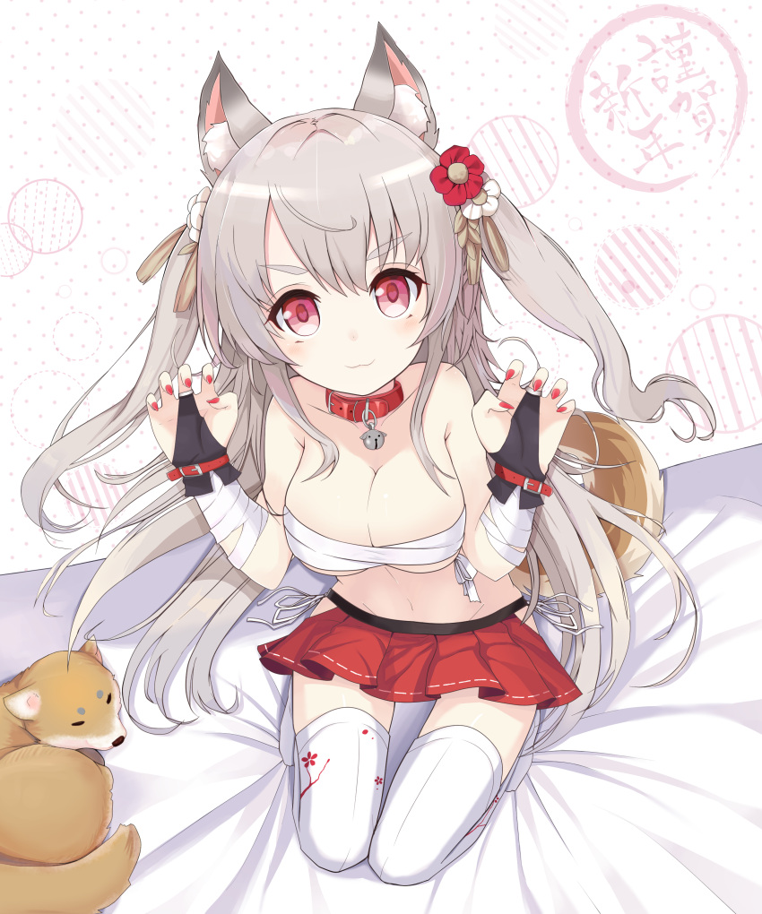 1girl absurdres animal animal_ears azur_lane bandage bandaged_arm bangs bed_sheet bell bell_collar breasts bridal_gauntlets budget_sarashi cleavage collar commentary_request dog dog_collar eyebrows_visible_through_hair fingernails flower grey_hair groin hair_between_eyes hair_flower hair_ornament head_tilt heart heart-shaped_pupils highres jingle_bell kneeling kyuujou_komachi large_breasts long_hair nail_polish navel no_shoes pleated_skirt polka_dot polka_dot_background red_collar red_eyes red_flower red_nails red_skirt sarashi skirt solo symbol-shaped_pupils tail thick_eyebrows thigh-highs two_side_up very_long_hair white_legwear wolf_ears wolf_girl wolf_tail yuudachi_(azur_lane)