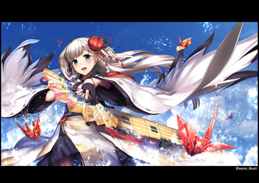 1girl aono_illust artist_name azur_lane bangs black_gloves blue_eyes blue_sky blunt_bangs blush breasts clouds collarbone eyebrows_visible_through_hair fan flight_deck floating_hair flower gloves hair_flower hair_ornament hand_on_own_face holding holding_fan japanese_clothes kimono large_breasts long_hair looking_at_viewer machinery mole mole_under_eye open_mouth origami pantyhose paper_crane partly_fingerless_gloves pleated_skirt pointing pointing_at_viewer rigging shoukaku_(azur_lane) sidelocks silver_hair skirt sky smile solo sparkle splashing water water_drop wide_sleeves wind wind_lift