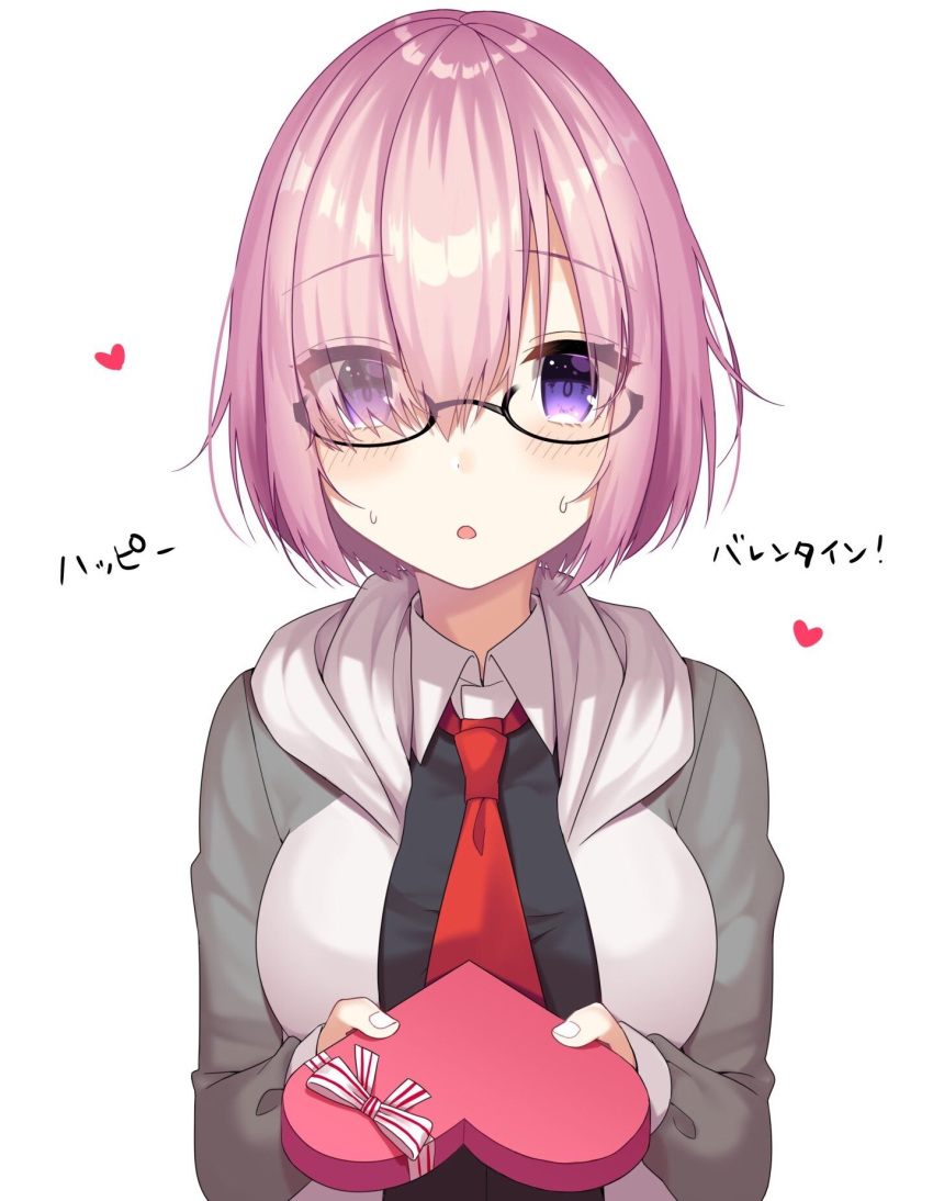 1girl blush breasts collared_shirt eyebrows_visible_through_hair eyes_visible_through_hair fate/grand_order fate_(series) gift glasses hair_over_one_eye heart heart-shaped_box highres holding holding_gift hood hoodie izumo_neru large_breasts long_sleeves looking_at_viewer mash_kyrielight necktie parted_lips pink_hair red_neckwear shielder_(fate/grand_order) shirt short_hair solo sweat translation_request violet_eyes