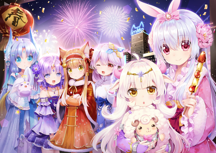 6+girls :&lt; :d ;d animal_ears bangs bare_shoulders blonde_hair blue_eyes blunt_bangs bow braid cat_ears commentary_request confetti crossed_arms eyebrows_visible_through_hair fang fireworks flower fur_trim hair_bow hair_flower hair_ornament hair_stick halo heart heart-shaped_pupils highres horn horns long_hair looking_at_viewer mimikkoui multiple_girls mvv one_eye_closed open_mouth pink_eyes purple_hair red_eyes short_hair silver_hair smile star star-shaped_pupils symbol-shaped_pupils twin_braids white_hair yellow_eyes