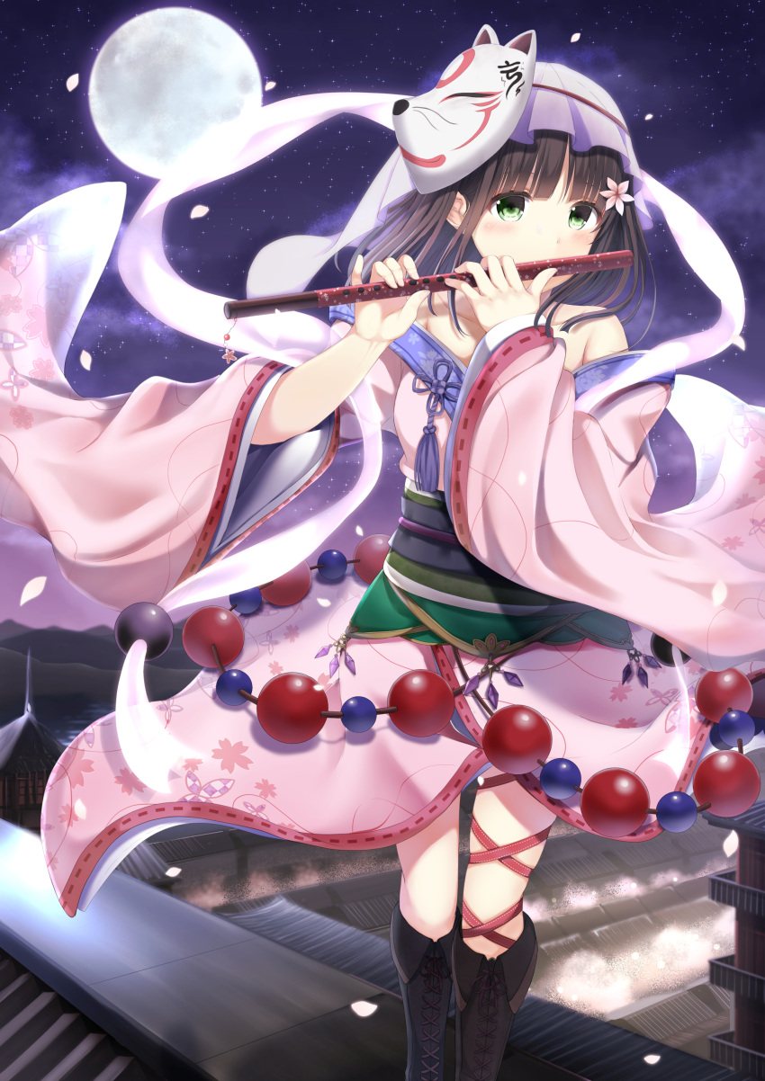 1girl absurdres bare_shoulders black_footwear boots brown_hair building collarbone commentary_request cross-laced_footwear flower flute fox_mask full_moon green_eyes hagoromo hair_flower hair_ornament highres holding holding_instrument instrument japanese_clothes kimono kinakomochi_(egoist) knee_boots lace-up_boots long_hair long_sleeves mask mask_on_head moon music night night_sky obi off_shoulder original outdoors petals pink_flower pink_kimono playing_instrument rooftop sash shawl sky solo standing star_(sky) starry_sky veil wide_sleeves