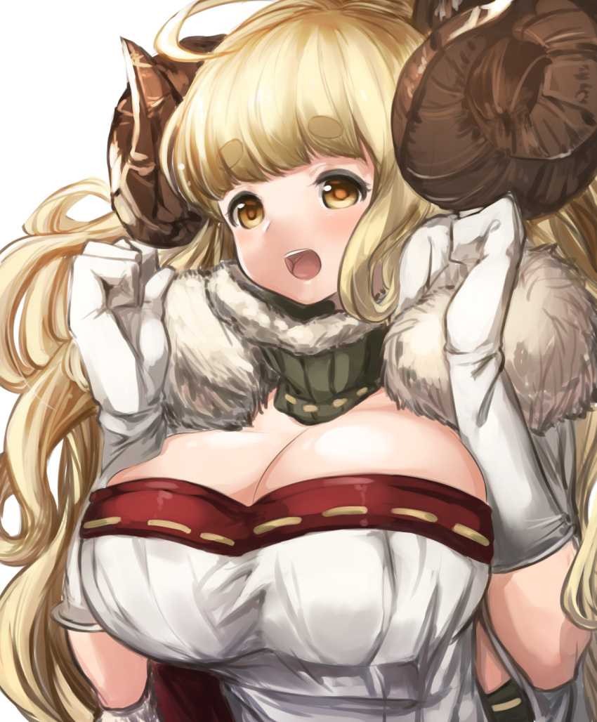 1girl ahoge anila_(granblue_fantasy) blonde_hair blush breasts brown_eyes clenched_hands doraf eyebrows_visible_through_hair fur_trim gloves granblue_fantasy highres horns large_breasts maou_(maoudaisukiya) open_mouth sheep_horns solo thick_eyebrows upper_body white_background white_gloves