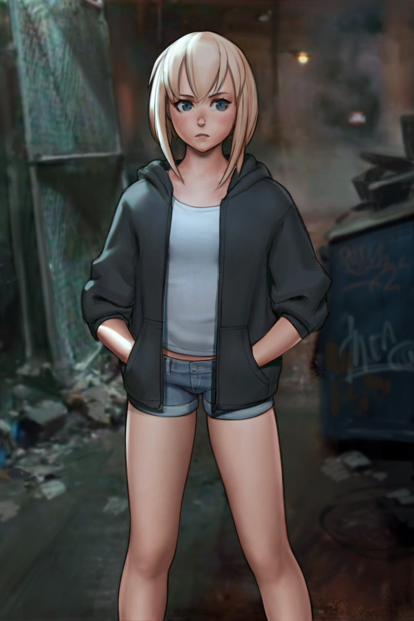1girl absurdres alley blue_eyes borrowed_character commentary denim denim_shorts flat_chest hands_in_pockets highres hood hoodie huge_filesize luimiart original platinum_blonde short_hair_with_long_locks short_shorts shorts solo tomboy