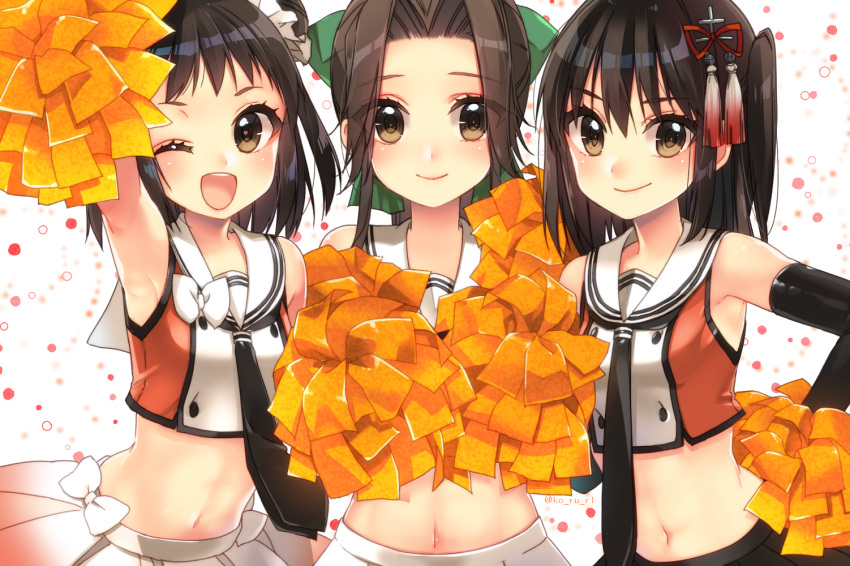 3girls adapted_costume black_hair black_neckwear black_skirt brown_eyes brown_hair cheerleader commentary_request crop_top gradient_skirt green_ribbon hair_bun hair_ribbon jintsuu_(kantai_collection) kantai_collection koruri looking_at_viewer multiple_girls naka_(kantai_collection) navel one_eye_closed open_mouth pom_poms remodel_(kantai_collection) ribbon sailor_collar scarf sendai_(kantai_collection) skirt smile two_side_up upper_body white_sailor_collar white_scarf white_skirt