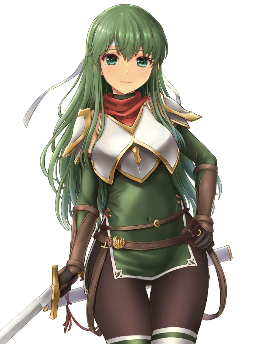 1girl armor breasts elbow_gloves fire_emblem fire_emblem:_mystery_of_the_emblem gloves green_eyes green_hair headband highres inanaki_shiki long_hair looking_at_viewer paola pegasus_knight smile solo thigh-highs weapon