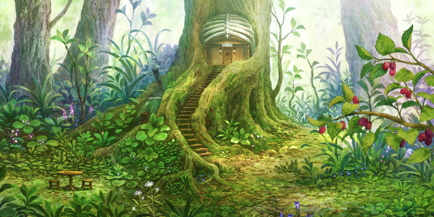 flower food forest fruit hakumei_to_mikochi highres house nature no_humans official_art raspberry ribs scenery table tree