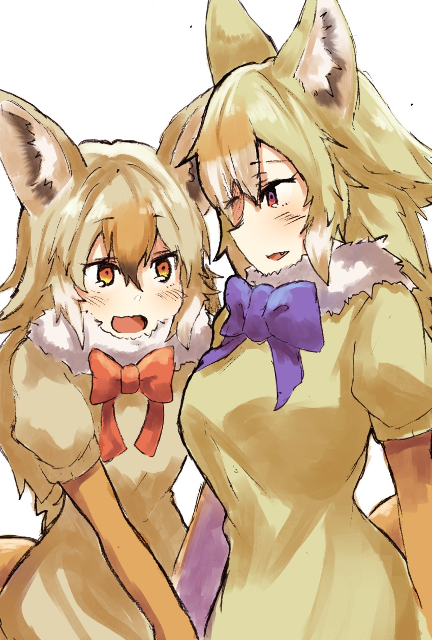 2girls african_golden_wolf_(kemono_friends) animal_ears aranagi_(arng_4401) blonde_hair blue_bow blush bow bowtie eyebrows_visible_through_hair fang fur_collar gloves golden_jackal_(kemono_friends) highres kemono_friends long_hair looking_at_another matching_outfit multicolored_hair multiple_girls open_mouth red_bow short_sleeves sweater tail wolf_ears wolf_tail