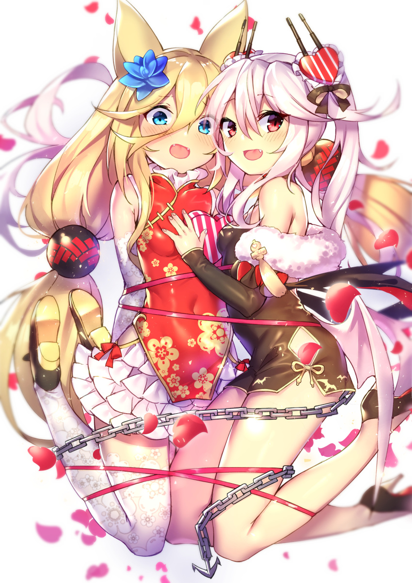 2girls :d animal_ears azur_lane bangs bare_shoulders black_dress black_footwear blonde_hair blue_eyes blue_flower blurry blurry_background blush bound breasts cat_ears chains china_dress chinese_clothes commentary_request crossover depth_of_field detached_sleeves dress eyebrows_visible_through_hair fang fangs fingernails flower fur_collar g41_(girls_frontline) girls_frontline hair_between_eyes hair_flower hair_ornament heart_hair_ornament high_heels highres kugimiya_rie long_hair long_sleeves looking_at_viewer low_twintails low_wings medium_breasts multiple_girls open_mouth petals pink_ribbon red_dress red_eyes ribbon seiyuu_connection shennai_misha short_dress side_slit silver_hair sleeves_past_wrists smile thigh-highs tied_up twintails vampire_(azur_lane) very_long_hair white_background white_legwear white_wings wings