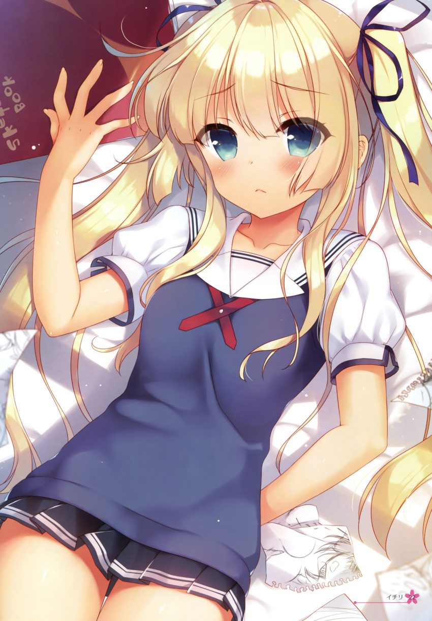 1girl absurdres bangs blonde_hair blue_eyes blush highres long_hair lying miniskirt ribbon saenai_heroine_no_sodatekata sawamura_spencer_eriri skirt solo sweater_vest twintails