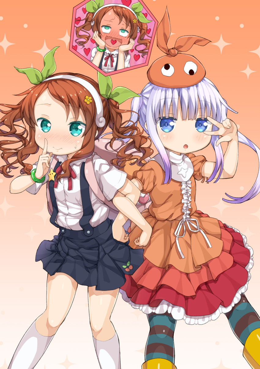 2girls 3: :d absurdres alternate_hairstyle aqua_eyes bangle blue_eyes blush bracelet brown_hair center_frills cherry_print cosplay dress eyebrows_visible_through_hair finger_to_mouth flower food_print full-face_blush furrowed_eyebrows gradient gradient_background green_ribbon hachikuji_mayoi hachikuji_mayoi_(cosplay) hair_flower hair_ornament hair_ribbon hairband hands_on_own_cheeks hands_on_own_face heart heart_in_mouth highres jewelry kanna_kamui kneehighs kobayashi-san_chi_no_maidragon lavender_hair layered_dress locked_arms miyabeeya monogatari_(series) multiple_girls ononoki_yotsugi ononoki_yotsugi_(cosplay) open_mouth pantyhose puffy_short_sleeves puffy_sleeves red_ribbon ribbon saikawa_riko shirt short_sleeves skirt smile sparkle star striped striped_legwear suspender_skirt suspenders twintails w w_over_eye wavy_hair wavy_mouth white_legwear white_shirt