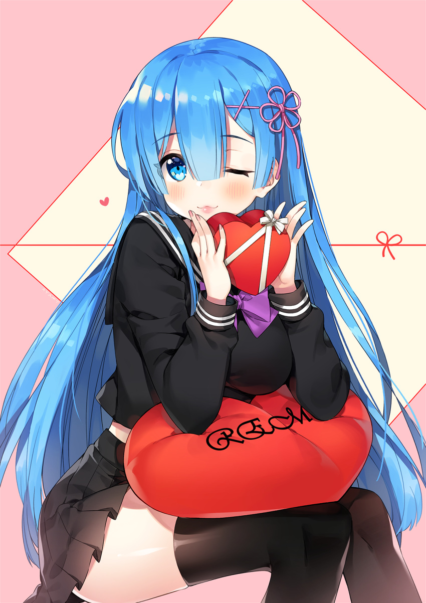 1girl ;3 alternate_costume alternate_hair_length alternate_hairstyle ayami bangs black_legwear black_serafuku black_skirt blue_eyes blue_hair blush box breasts closed_mouth hair_ornament hair_ribbon heart heart-shaped_box highres holding holding_box lips long_hair long_sleeves looking_at_viewer medium_breasts miniskirt pink_ribbon pleated_skirt re:zero_kara_hajimeru_isekai_seikatsu rem_(re:zero) ribbon school_uniform serafuku shiny shiny_hair skirt solo straight_hair tareme thigh-highs very_long_hair white_ribbon x_hair_ornament zettai_ryouiki