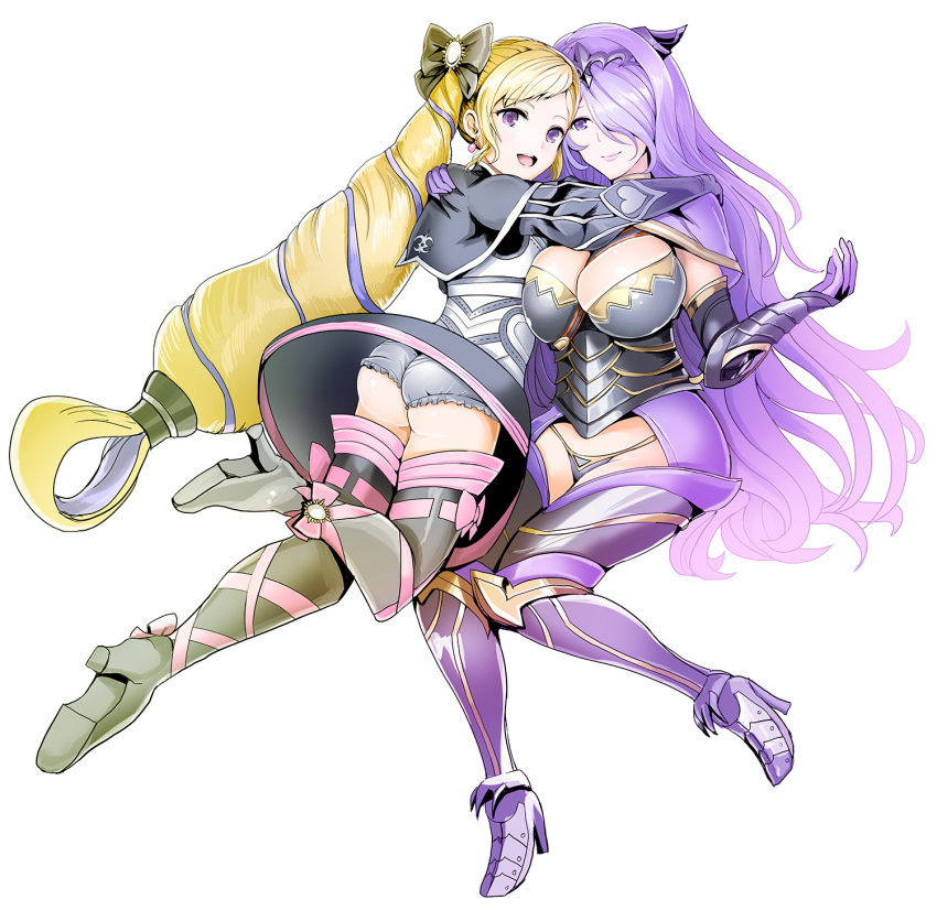 2girls :d armor ass blonde_hair blush boots bow breasts camilla_(fire_emblem_if) cleavage dress earrings elise_(fire_emblem_if) eyebrows_visible_through_hair fire_emblem fire_emblem_heroes fire_emblem_if full_body gloves hair_bow hair_over_one_eye high_heel_boots high_heels highres hug jewelry large_breasts lips long_hair looking_at_viewer multiple_girls open_mouth purple_hair simple_background smile thigh-highs thigh_boots tiara twintails very_long_hair violet_eyes wavy_hair white_background yyillust