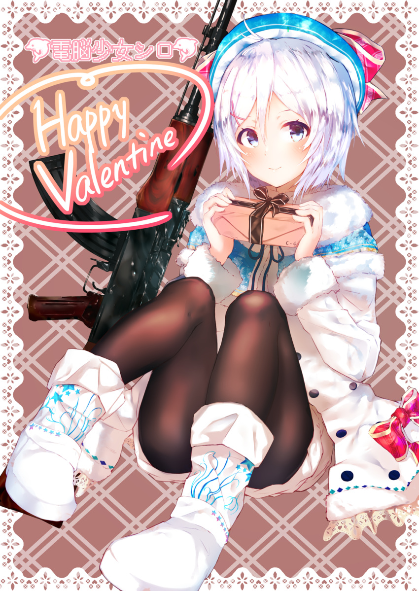 1girl antenna_hair black_legwear blue_eyes blush box box_of_chocolates commentary_request dennou_shoujo_youtuber_shiro full_body gift gift_box happy_valentine heart highres holding holding_gift long_sleeves looking_at_viewer pantyhose ribbon sakusyo shiro_(dennou_shoujo_youtuber_shiro) short_hair silver_hair smile solo valentine