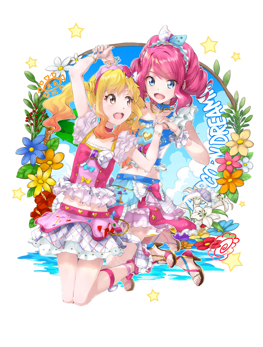 2girls :d aikatsu! aikatsu_stars! bangs bare_shoulders blonde_hair blue_eyes bow bracelet branch clouds cloudy_sky crop_top day drill_hair earrings eye_contact eyebrows_visible_through_hair flower flower_request frills gradient_hair hair_bow hairband hand_holding headdress heart heart_earrings high_heels highres idol jewelry lily_(flower) long_hair looking_at_another midriff multicolored_hair multiple_girls nail_polish navel nijino_yume ocean open_mouth pink_hair sakuraba_rola scrunchie skirt sky sleeveless smile song_name toenail_polish twintails yone