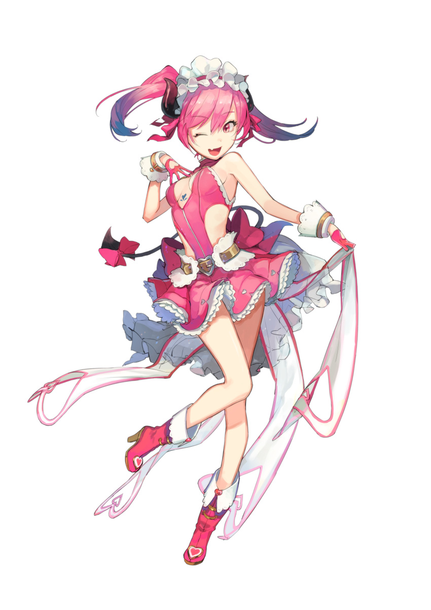 1girl absurdres belt boots bow breasts cleavage_cutout demon_girl demon_tail eyebrows_visible_through_hair fang frilled_skirt frills full_body gloves hair_bow highres horns iwato1712 looking_at_viewer maid_headdress one_eye_closed one_leg_raised open_mouth original pink_bow pink_gloves pink_hair red_eyes side_cutout sideboob simple_background skirt slit_pupils solo tail twintails white_background wrist_cuffs