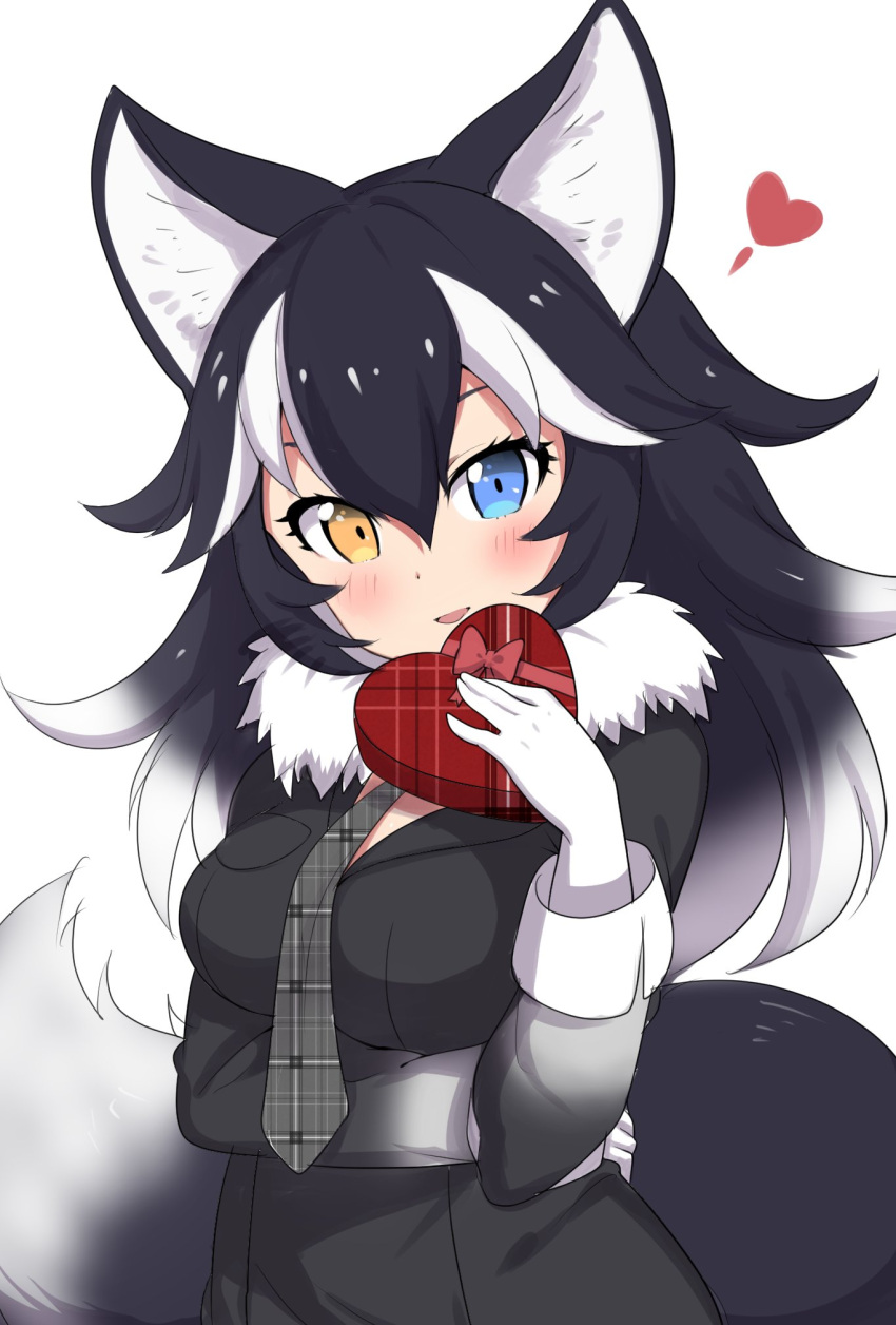 1girl :d animal_ears between_breasts blue_eyes blush breast_hold breasts gift gloves gradient_hair grey_wolf_(kemono_friends) half-closed_eyes heart heterochromia highres kemono_friends long_sleeves looking_at_viewer multicolored_hair necktie necktie_between_breasts open_mouth ransusan smile solo tail two-tone_hair valentine white_hair wolf_ears wolf_tail yellow_eyes