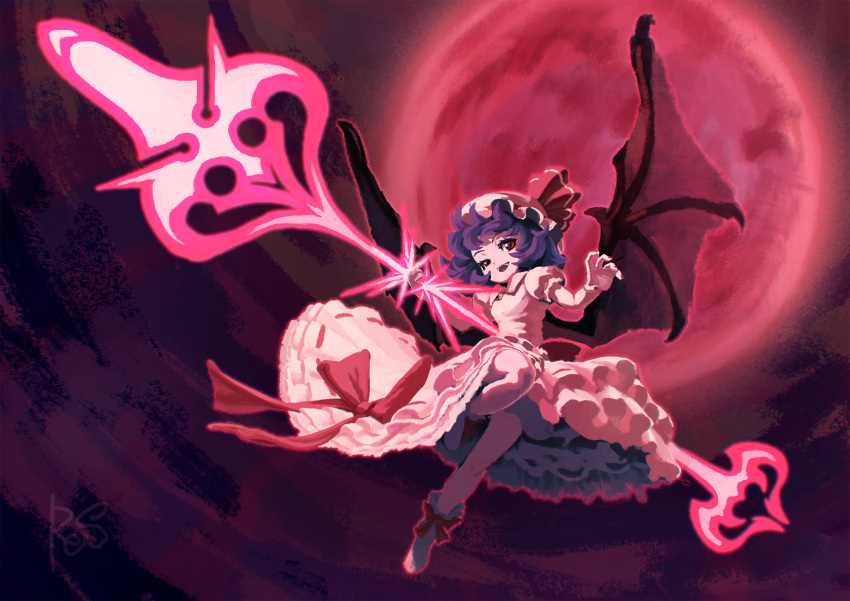 1girl :d bangs bat_wings bow breasts brooch collared_dress dress eyebrows eyelashes facing_away fangs fingernails flying frilled_dress frills full_body full_moon hat hat_ribbon highres holding holding_spear holding_weapon jewelry leg_up looking_away mob_cap moon nail_polish night night_sky open_mouth pink_dress pink_hat pink_legwear polearm puffy_short_sleeves puffy_sleeves purple_hair red_bow red_eyes red_moon red_nails red_ribbon reiesu_(reis) remilia_scarlet ribbon ribbon-trimmed_clothes ribbon-trimmed_dress ribbon_trim short_hair short_sleeves signature sky small_breasts smile socks solo spear spear_the_gungnir touhou uneven_eyes weapon wings