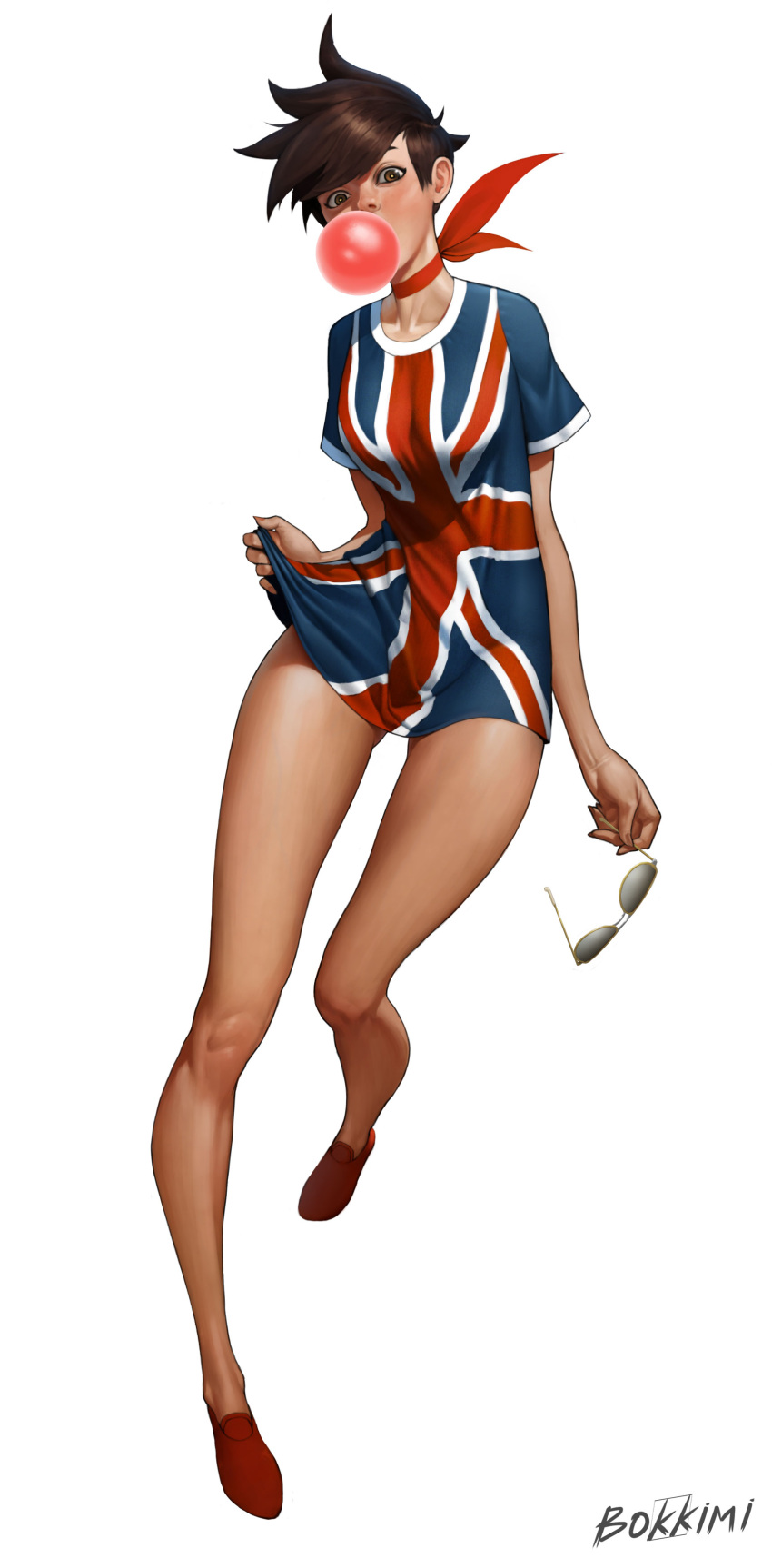 1girl absurdres alexander_terentyev artist_name breasts brown_eyes brown_hair bubble_blowing chewing_gum dress eyewear_removed flag_print flats full_body highres overwatch red_footwear short_dress short_hair solo tracer_(overwatch) union_jack white_background