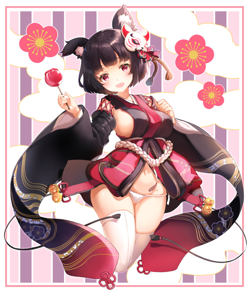 1girl animal_ears azur_lane bell black_hair black_kimono blush breasts candy_apple cat_ears cat_mask eyebrows_visible_through_hair flower food front-seamed_legwear groin hair_flower hair_ornament hand_on_own_chest head_tilt highres holding holding_food japanese_clothes jingle_bell kimono kneeling large_breasts long_sleeves looking_at_viewer mask mask_on_head medium_breasts navel no_pants obi panties pink_border sash seamed_legwear shiny shiny_hair shiosoda short_hair sideboob solo stomach striped tareme tassel thigh-highs underwear vertical-striped_background vertical_stripes white_legwear white_panties wide_sleeves yamashiro_(azur_lane)