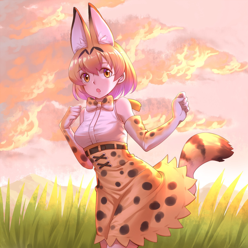 1girl 2804281484 :o animal_ears bare_shoulders belt bow bowtie clouds commentary elbow_gloves evening extra_ears eyebrows_visible_through_hair eyes_visible_through_hair gloves grass high-waist_skirt highres kemono_friends looking_at_viewer orange_eyes outdoors print_gloves print_neckwear print_skirt serval_(kemono_friends) serval_ears serval_print serval_tail shirt skirt sleeveless sleeveless_shirt solo tail white_shirt