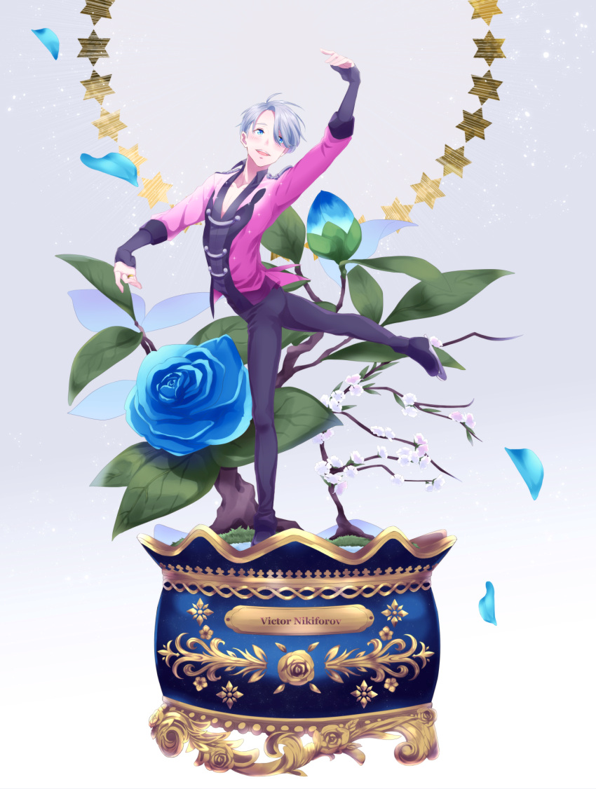 1boy 20day_cc arm_up blue_eyes blue_flower blue_rose character_name epaulettes flower grass highres ice_skates male_focus open_mouth pants petals rose silver_hair skates smile standing standing_on_one_leg star tree viktor_nikiforov yuri!!!_on_ice