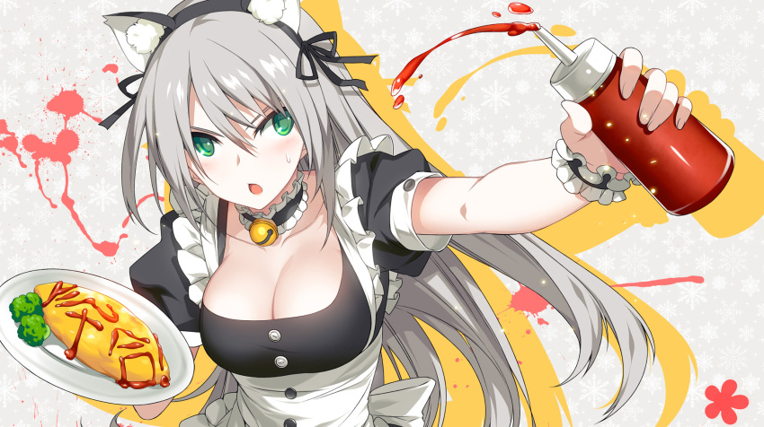 1girl animal_ears bell breasts cat_ears character_request choker cleavage closers condiment dish fake_animal_ears food frills green_eyes grey_hair hairband highres jingle_bell ketchup long_hair looking_at_viewer maid omurice open_mouth ress short_sleeves snowflake_background solo sweatdrop upper_body wrist_cuffs