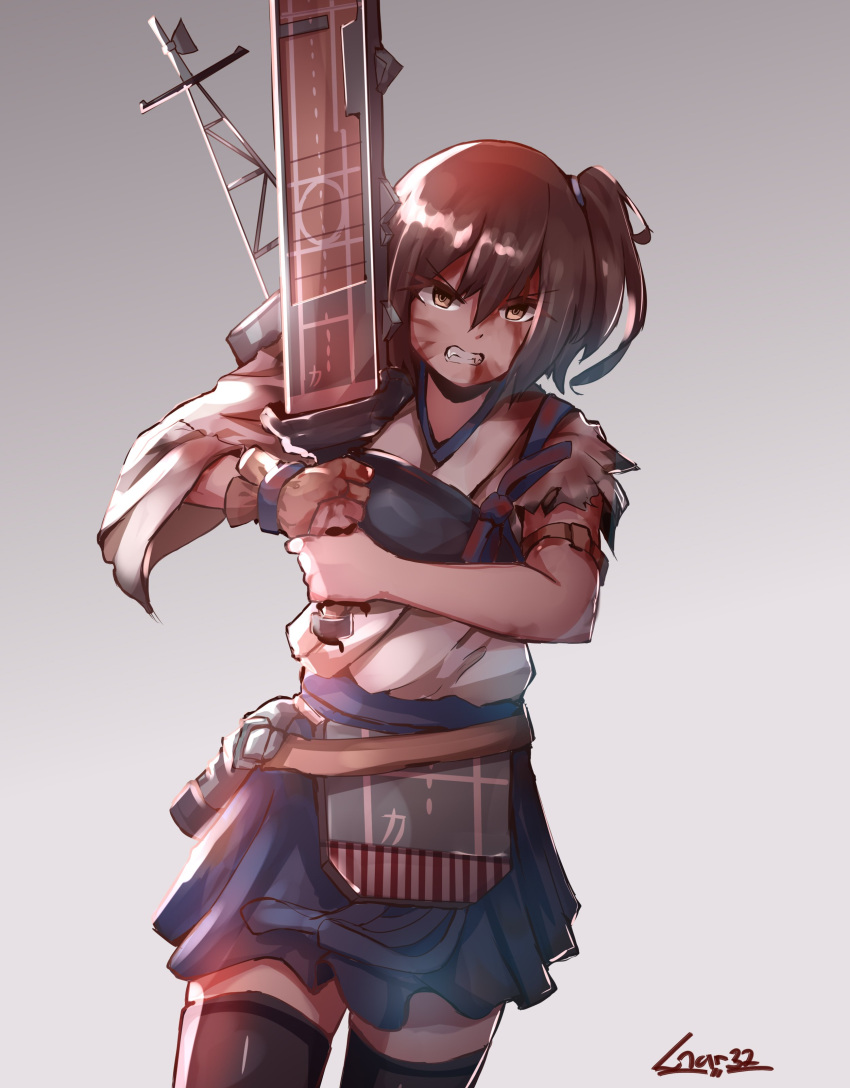 absurdres artist_request blood blood_on_face bloody_clothes brown_eyes brown_hair flight_deck gloves hakama_skirt highres holding holding_weapon japanese_clothes kaga_(kantai_collection) kantai_collection long_hair machinery muneate partly_fingerless_gloves running side_ponytail solo tasuki thigh-highs weapon