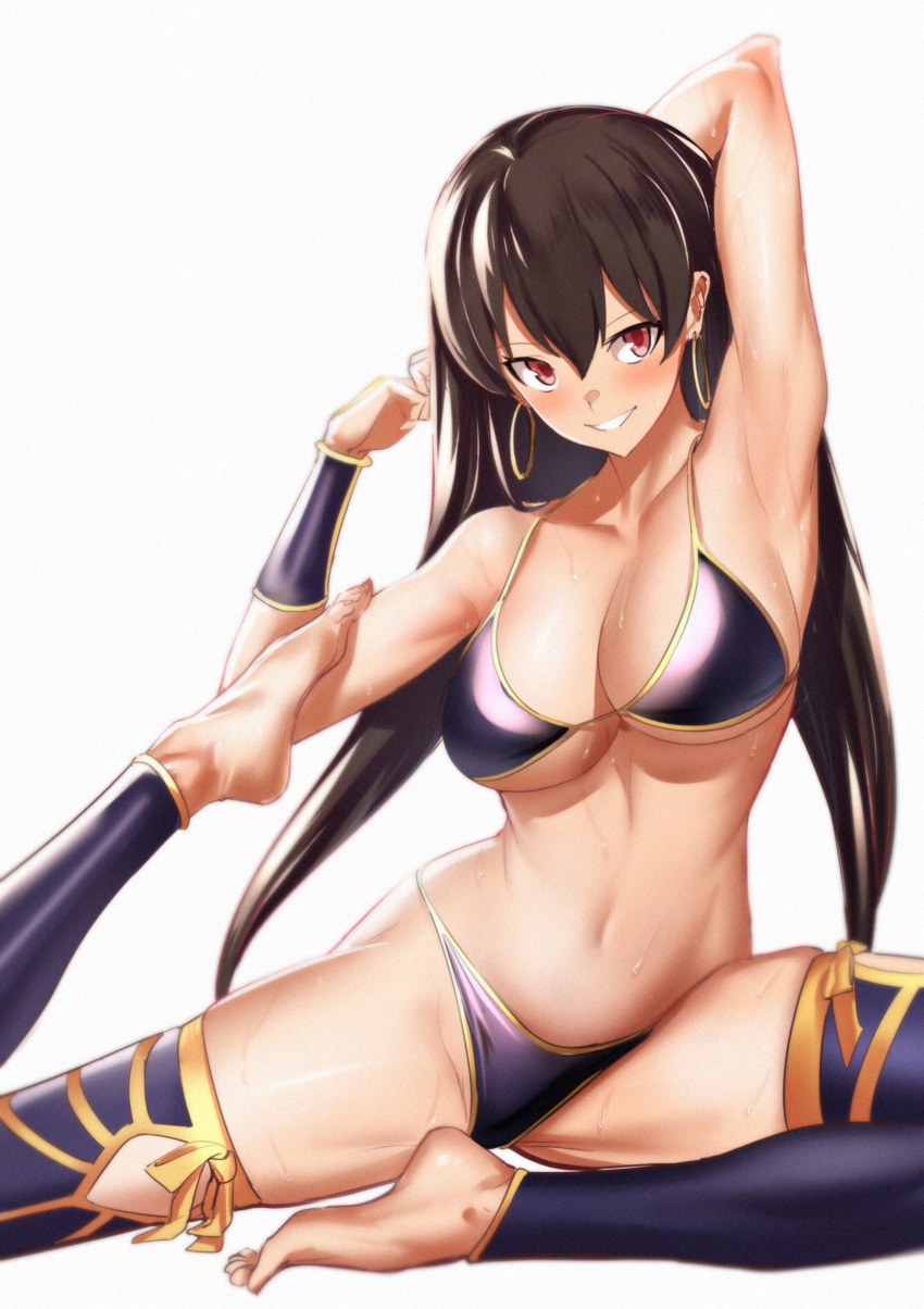 1girl absurdres arm_up armpits bare_shoulders barefoot bikini blush breasts brown_hair cleavage collarbone earrings fate/grand_order fate_(series) feet hair_between_eyes highres hips hoop_earrings jewelry large_breasts legs long_hair looking_at_viewer navel purple_bikini purple_legwear simple_background smile solo stretch sweat swimsuit thighs ulrich_(tagaragakuin) waist white_background xuanzang_(fate/grand_order)