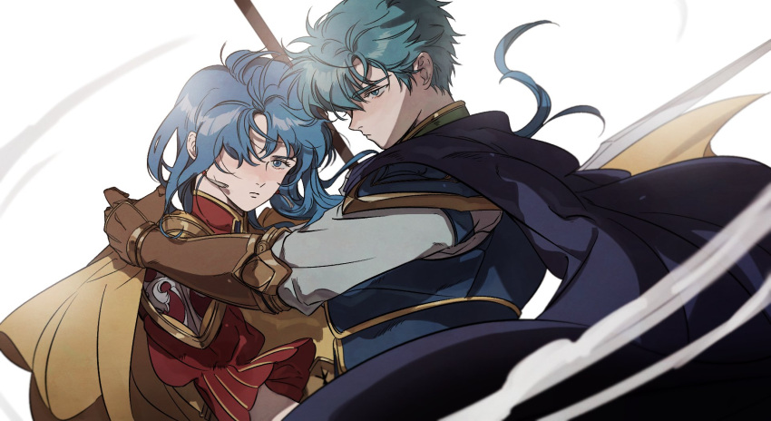 1boy 1girl armor blue_hair brother_and_sister cape earrings eirika ephraim fire_emblem fire_emblem:_seima_no_kouseki gauntlets highres jewelry long_hair short_hair shoulder_armor siblings zzzdjgbtq