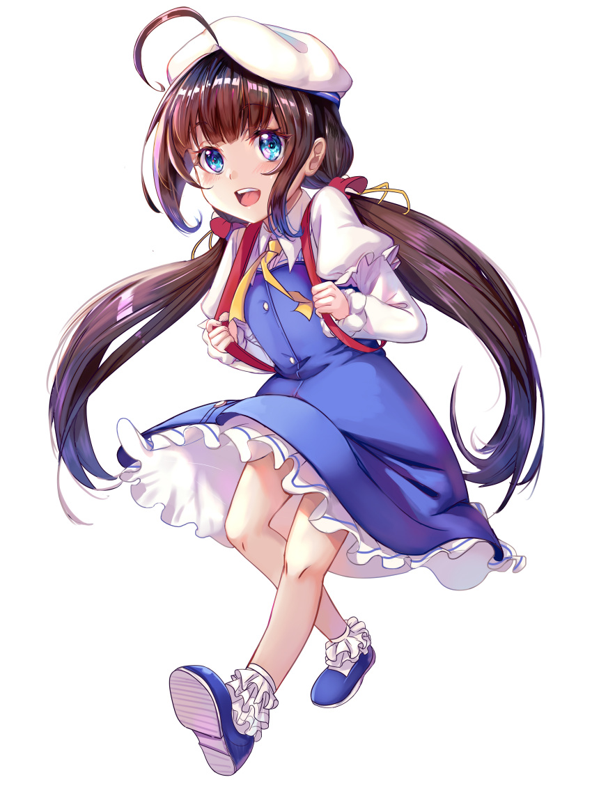 1girl :d absurdres ahoge backpack bag beret blue_dress blue_eyes blue_footwear blush bobby_socks brown_hair commentary_request dress fanqie_zhupie_jiang full_body hat highres hinatsuru_ai holding long_hair long_sleeves looking_at_viewer low_twintails open_mouth puffy_short_sleeves puffy_sleeves ryuuou_no_oshigoto! school_uniform short_over_long_sleeves short_sleeves simple_background smile socks solo twintails upper_teeth very_long_hair white_background white_hat white_legwear yellow_neckwear