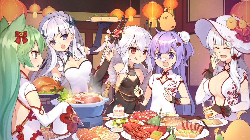 5girls :d :q ^_^ ahoge akashi_(azur_lane) animal animal_ears animal_on_head arm_warmers azur_lane backless_outfit bangs bare_shoulders belfast_(azur_lane) bird black_bow black_dress black_gloves blush bow breasts bun_cover cat_ears chick chick_on_head chopsticks cleavage closed_eyes closed_mouth commentary_request cream cream_on_face detached_sleeves dress elbow_gloves eyebrows_visible_through_hair food food_on_face food_request fur_collar gloves green_hair hair_between_eyes hair_bow hair_bun hair_ornament hat heart_hair_ornament highres holding holding_chopsticks holding_plate illustrious_(azur_lane) indoors lantern large_breasts lobster long_hair long_sleeves low_twintails meat multiple_girls nose_blush on_head one_side_up open-back_dress open_mouth paper_lantern pink_bow plate purple_hair red_bow red_eyes short_sleeves side_bun silver_hair sleeveless sleeveless_dress sleeves_past_fingers sleeves_past_wrists small_breasts smile sweat table tongue tongue_out tsubasa_tsubasa turkey_(food) twintails unicorn_(azur_lane) vampire_(azur_lane) very_long_hair violet_eyes white_dress white_hat wrist_cuffs yellow_bow yellow_eyes