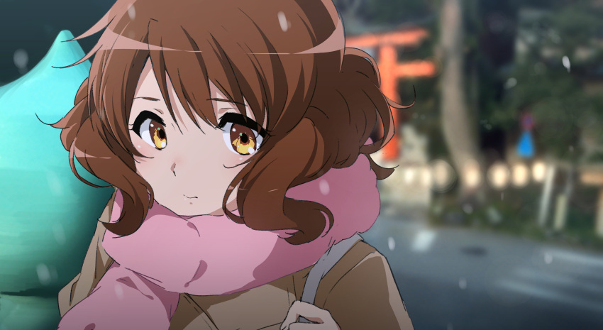 1girl absurdres black_hair blurry blurry_background brown_coat brown_eyes brown_hair close-up coat depth_of_field hibike!_euphonium highres looking_at_viewer nyum oumae_kumiko pink_scarf scarf scenery solo torii tree upper_body wavy_hair