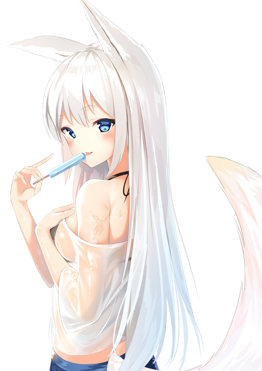 1girl :p animal_ears bangs blue_eyes blue_skirt blush breasts commentary_request eyebrows_visible_through_hair food fox_ears fox_girl fox_tail hair_between_eyes halter_top halterneck highres holding holding_food kurotobi_rarumu large_breasts long_hair looking_at_viewer looking_back off-shoulder_shirt original parted_lips popsicle see-through shirt short_sleeves silver_hair simple_background skirt smile solo tail tongue tongue_out very_long_hair wet wet_clothes white_background white_shirt wide_sleeves