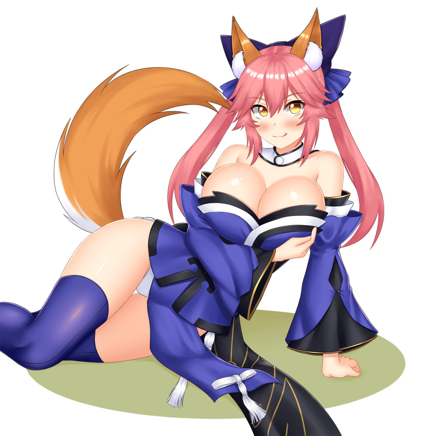 1girl absurdres animal_ears bare_shoulders blue_kimono blue_legwear bow breast_hold breasts chechoski cleavage closed_mouth collar detached_sleeves eyebrows_visible_through_hair fate/extra fate/grand_order fate_(series) fox_ears fox_tail hair_between_eyes hair_bow highres huge_breasts japanese_clothes kimono long_hair long_sleeves looking_at_viewer lying on_side panties pelvic_curtain pink_hair short_kimono smile strapless tail tamamo_(fate)_(all) tamamo_no_mae_(fate) twintails underwear white_panties wide_hips wide_sleeves yellow_eyes
