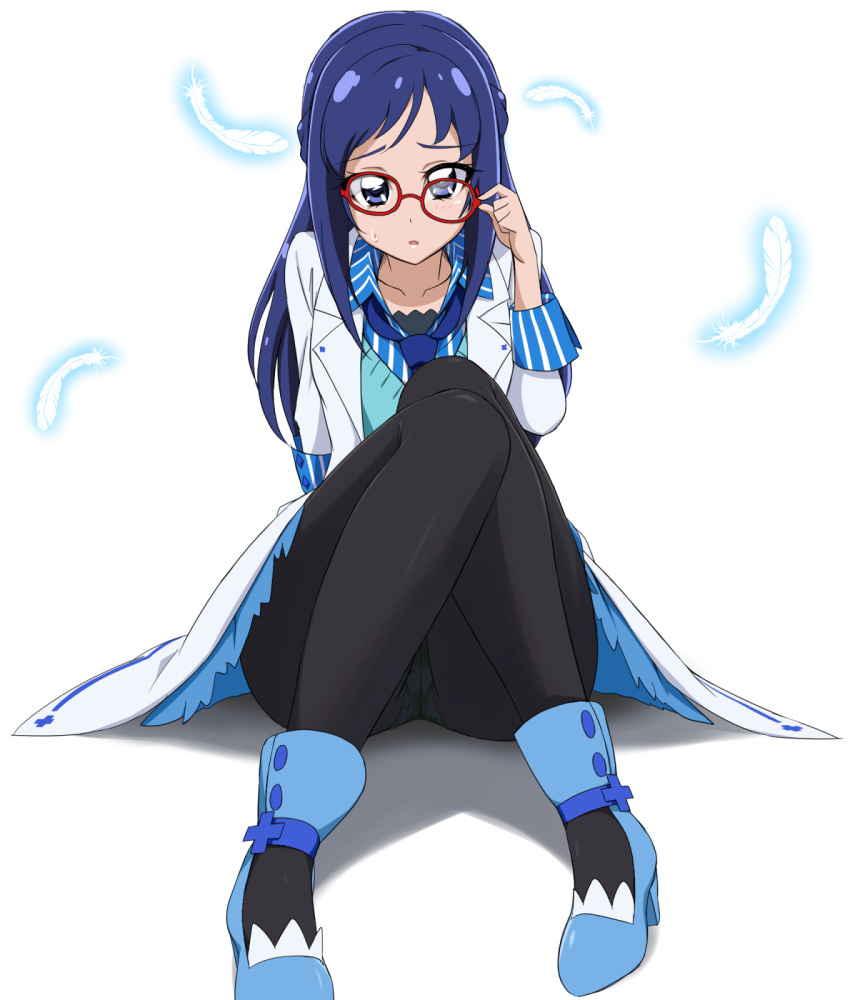 1girl acchi_(koiyimknp) adjusting_eyewear aqua_panties bespectacled blue_eyes blue_footwear blue_hair blue_neckwear blue_skirt braid collarbone dokidoki!_precure feathers french_braid full_body glasses glowing highres hishikawa_rikka jacket knees_up long_sleeves looking_at_viewer necktie open_clothes open_jacket panties panties_under_pantyhose pantyhose pantyshot pantyshot_(sitting) precure raised_eyebrows red-framed_eyewear school_uniform simple_background sitting skirt sleeve_cuffs solo underwear white_background white_jacket