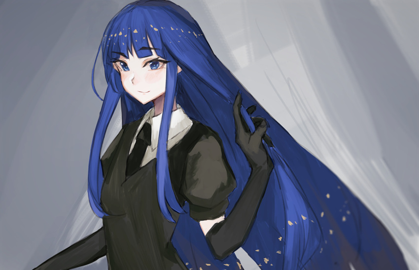 androgynous aruto2498 bangs black_neckwear blue_eyes blue_hair blunt_bangs crystal_hair elbow_gloves gem_uniform_(houseki_no_kuni) gloves houseki_no_kuni lapis_lazuli_(houseki_no_kuni) long_hair looking_at_viewer necktie shirt short_hair short_sleeves shorts simple_background smile solo sparkle uniform