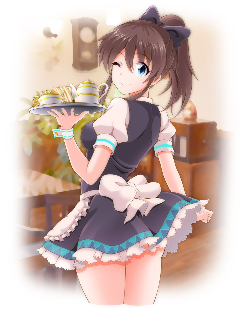 1girl apron ass blue_eyes blush bow breasts brown_hair cup eva_16-gouki from_behind hair_bow highres holding holding_tray idolmaster idolmaster_million_live! looking_back maid maid_apron medium_breasts one_eye_closed open_mouth ponytail satake_minako smile solo teacup teapot tray waitress wrist_cuffs