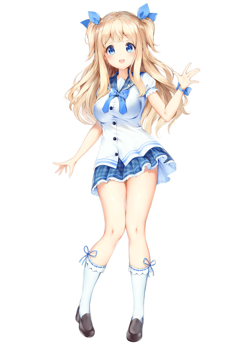 1girl :d absurdres bangs blue_bow blue_ribbon blue_sailor_collar blue_skirt blush bow bowtie breasts brown_footwear commentary_request eyebrows_visible_through_hair full_body hair_ribbon hand_up highres kneehighs loafers long_hair looking_at_viewer medium_breasts miniskirt nyum open_mouth original petticoat pigeon-toed plaid plaid_skirt puffy_short_sleeves puffy_sleeves ribbon ribbon-trimmed_legwear ribbon_trim round_teeth sailor_collar school_uniform serafuku shirt shoes short_sleeves simple_background skirt smile solo standing straight_hair teeth thighs two_side_up white_background white_legwear white_shirt wrist_ribbon