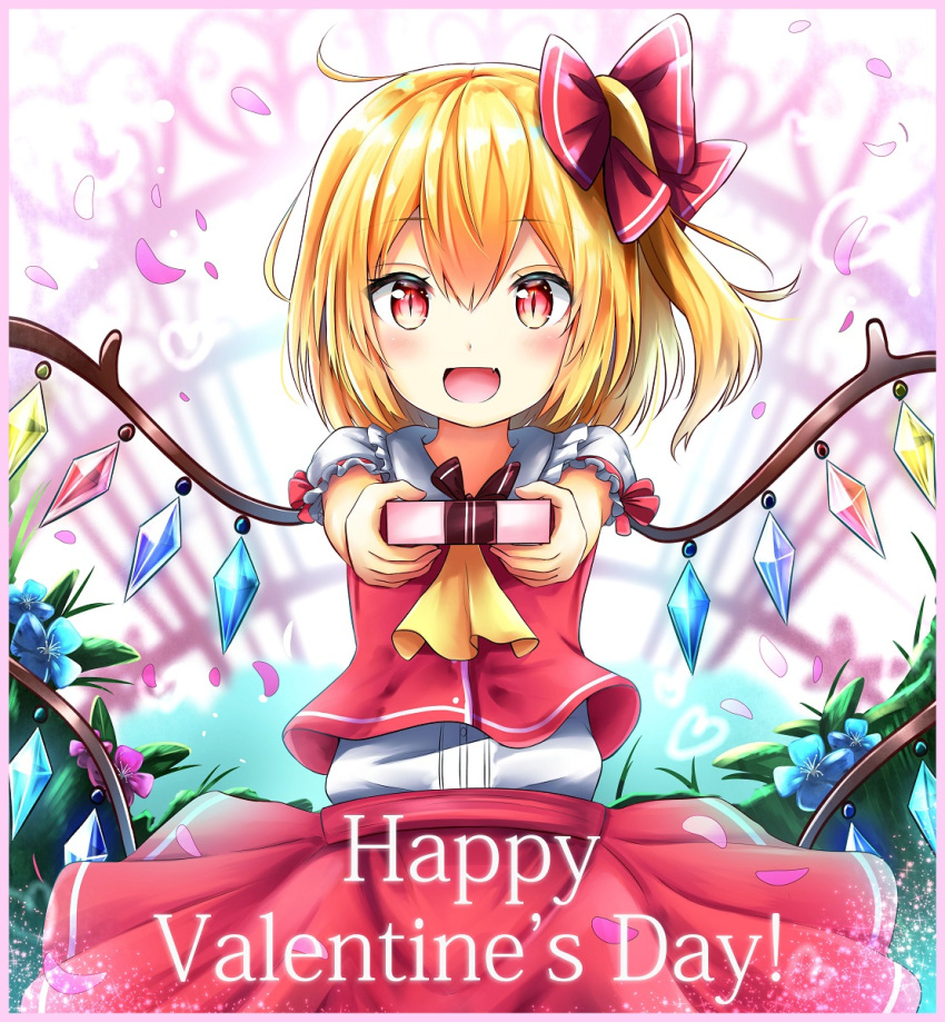 1girl :d ahoge ascot blonde_hair blue_flower blurry blurry_background blush bow box cowboy_shot crystal eyebrows_visible_through_hair fang flandre_scarlet flower foreshortening frilled_shirt_collar frilled_sleeves frills gift gift_box hair_bow highres holding holding_gift looking_at_viewer medium_skirt no_hat no_headwear one_side_up open_mouth outstretched_arms petals pink_border pink_flower pov puffy_short_sleeves puffy_sleeves red_bow red_eyes red_skirt red_vest renka_(cloudsaikou) shiny shiny_hair shirt short_sleeves skirt slit_pupils smile solo standing touhou valentine vest white_shirt wings yellow_neckwear