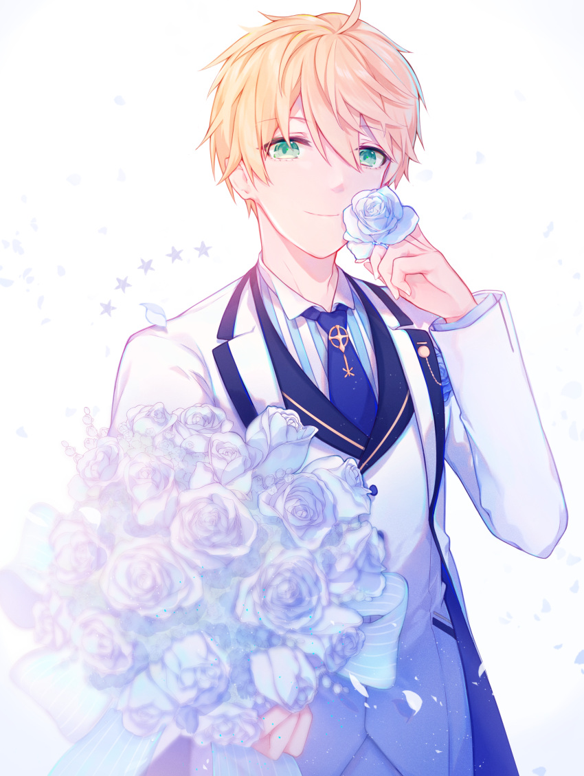 1boy absurdres ahoge aqua_eyes blonde_hair blue_neckwear bouquet closed_mouth collared_shirt eyebrows_visible_through_hair fate/grand_order fate_(series) flower formal highres holding holding_bouquet holding_flower jacket light_particles long_sleeves looking_at_viewer male_focus miyuki_(miyuki0529) necktie open_clothes open_jacket petals rose rose_petals saber_(fate/prototype) shirt smile solo star striped striped_shirt suit upper_body vertical-striped_shirt vertical_stripes white_background white_flower white_jacket white_rose wing_collar